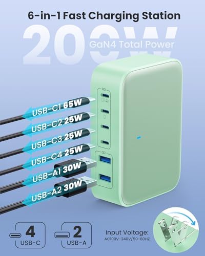 200 W USB C Charging Hub with 6 Ports – Ga N IV Foldable Wall Charger for Rapid Device Power-Up, PD 65 W Laptop Charger for Mac Book Pro, Dell, i Phone 16/15, i Pad, Galaxy & Steam Deck – Compact & Travel-Friendly Fast Charging Solution