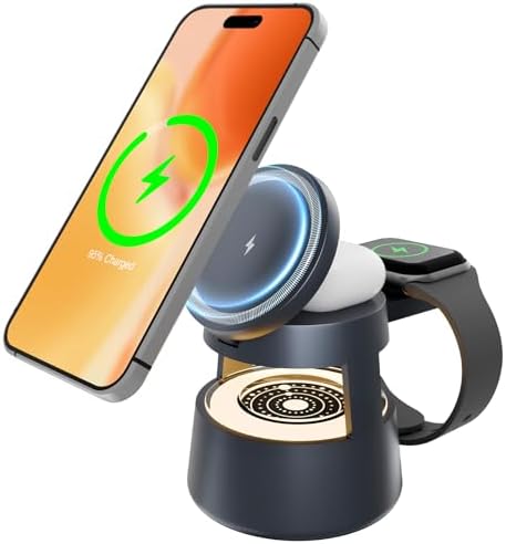 4-in-1 Mag Safe Wireless Charging Station with Adjustable Night Light – Fast 15 W Charger Stand for i Phone 16, 15, 14, 13, 12 Pro Max, Apple Watch Ultra, and Air Pods – Portable Travel-Friendly Design for Enhanced Compatibility and Nighttime Convenience