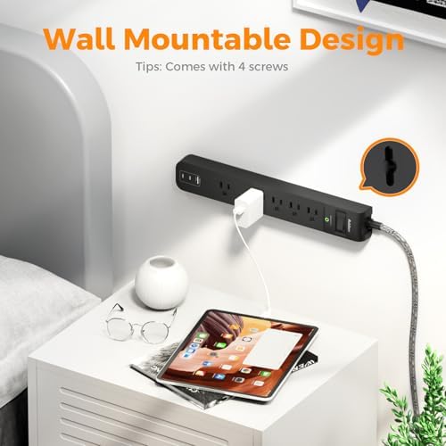 Dual Pack Surge Protector Power Strip with 5 Spacious Outlets and 3 Fast USB Ports – 1875 W/15 A Capacity for Home Office Efficiency, 6 Ft Durable Braided Cord, Smart Overload Protection, Wall Mountable Flat Plug Design for Optimal Space Utilization and Device Safety