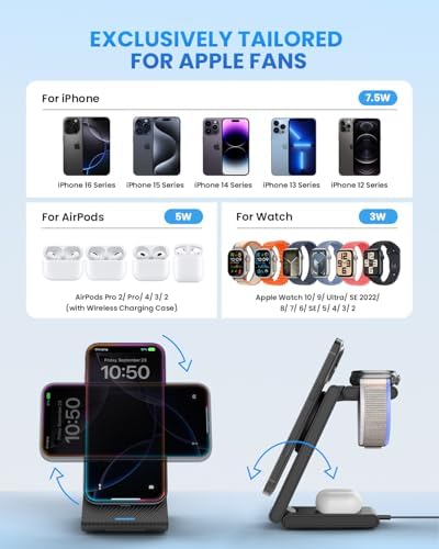 Magnetic Wireless Charging Station for i Phone 15/14/13/12 Pro Max & Apple Devices – Joy Geek 3-in-1 Fast Charger Pad for i Phone, Apple Watch Ultra 9-2, and Air Pods – Compact Design with Enhanced Compatibility and Secure Magnetic Alignment