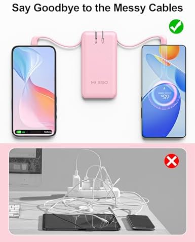 miisso Ultra Slim 10000 m Ah Portable Power Bank with Built-in Cables and Foldable Wall Plug – Compact USB-C Charger for i Phone, Samsung, i Pad & More – Perfect Travel Companion for On-the-Go Charging Efficiency