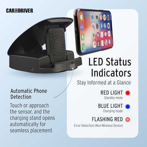 Experience Seamless Charging with the Car and Driver Dash Mate 15 W Wireless Smartphone Charger – Features Integrated Cooling Fan, Mag Safe Compatibility, and Swiveling Base for Effortless Navigation in Your Vehicle – Perfect Automotive Phone Holder for Fast Charging and Enhanced Convenience