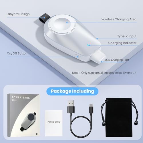 Ultra-Compact Magnetic Wireless Charger for Apple Watch & i Phone – 1600 m Ah Keychain Emergency Power Bank for Seamless Charging on the Go – Compatible with i Watch 9/8/Ultra/7/6/SE/5/4/3 & i Phone 5-14 Series (Sleek Black) – Ideal for Travelers and Professionals