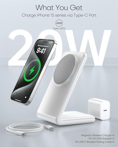Mag-Safe Wireless Charging Stand for i Phone 16 – Fast Charging with 20 W Adapter & 5 Ft Cable, Magnetic Alignment for i Phone 15/14/13/12 – Sleek Black Design for Effortless Charging and Enhanced Compatibility