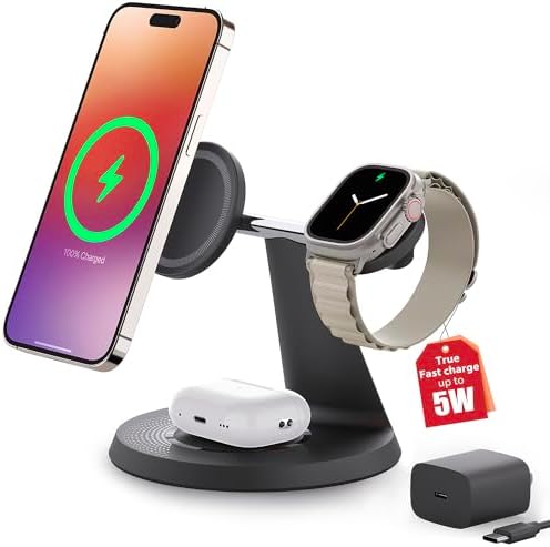 Revolutionize Your Charging Routine with Our 3-in-1 Wireless Charging Station for Apple Devices – Fast Mag Safe Charger for i Phone Models 12-16, Apple Watch, and Air Pods – Compact Design with Enhanced Stability, Overcharge Protection, and Effortless Organization