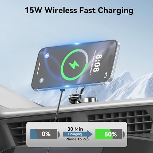 Mag Safe Car Mount Charger with 15 W Fast Wireless Charging – Magnetic Air Vent Holder for i Phone 12-16 Pro Max & Samsung S25 Series – Stylish RGB LED Design for Enhanced Compatibility and Efficient Power Delivery