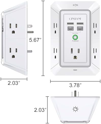 QINLIANF 5-Outlet USB Wall Charger with Surge Protection – 4 USB Ports (4.8 A Total) Power Strip Extender, 3-Sided Design for Easy Access, 1680 J Surge Defense, Compact Multi-Plug Adapter for Home, Travel, and Office Use – Elevate Your Charging Experience with Versatile Compatibility and Safety