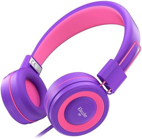 ELECDER i37 Foldable Kids Headphones – Lightweight, Adjustable On-Ear Wired Headphones in Vibrant Peach/Purple for School, Travel & Home Learning – Perfect Audio Companion for Young Learners & Teens with Comfortable Fit and Universal Device Compatibility