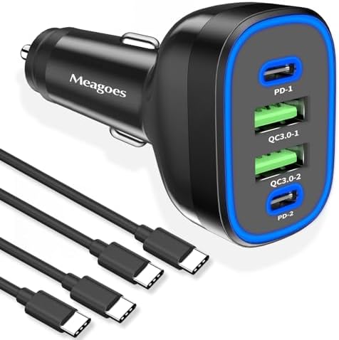 Super Fast 72 W 4-Port USB C Car Charger for i Phone 16 Pro Max and Samsung Galaxy S25 Ultra – Essential Multi-Port Family Travel Charger with 2 Type C Cords – Maximum Efficiency and Safety for On-the-Go Charging