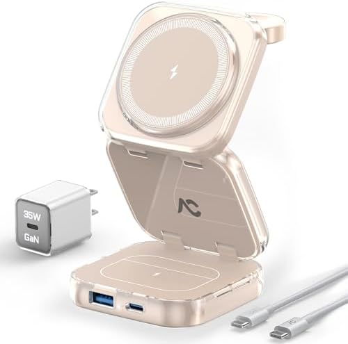 Revolutionize Your Charging Experience with AC Island 5-in-1 Portable Travel Wireless Charger – Fast 15 W Magnetic Stand for i Phone 16/15/14/13, Apple Watch & Air Pods, Includes 35 W Adapter, Ideal for On-the-Go Lifestyle and Enhanced Compatibility