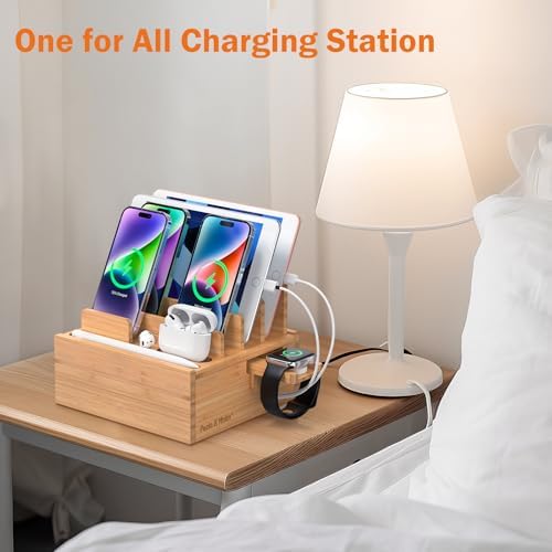Sleek Bamboo Multi-Device Charging Station with 5 USB Ports, Integrated Smart Watch Stand & 5 Charging Cables – Ultimate Desktop Organizer for Cell Phones, Tablets & Smartwatches – Eco-Friendly Design for Fast Charging & Clutter-Free Spaces