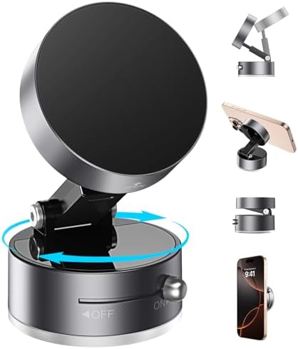 Telaso Vacuum Suction Magnetic Phone Holder, Retractable and 360° rotationStrong Suction Cup Magnetic Hands-Free Car Phone Stand for Magsafe for All Smartphones, All Cars Home Office Gym, Space Grey – Enhanced Compatibility and Speed