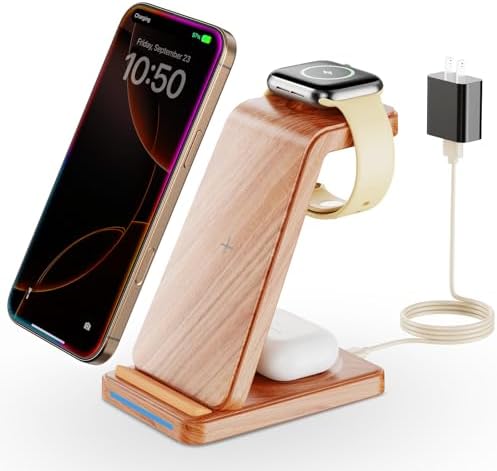 Sleek 3-in-1 Wireless Charging Dock for Apple Devices – Fast and Efficient Charging Station for i Phone 11-16, Apple Watch Series 2-8, and Air Pods – Elegant Wood Finish for Home and Office – Streamline Your Charging Experience with Enhanced Compatibility and Speed