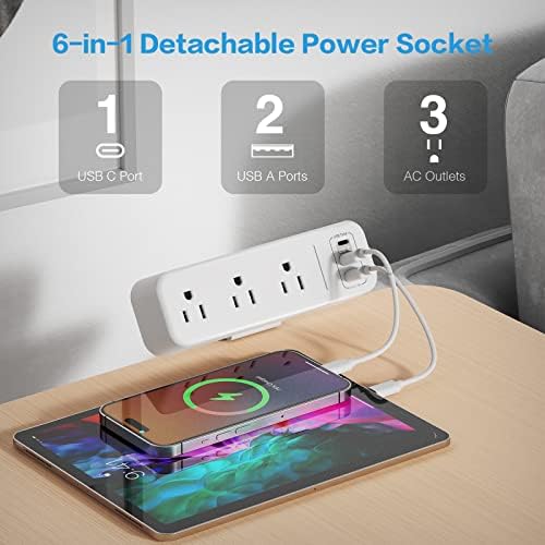 Premium Desk Clamp Power Strip with USB C – 3 Outlet Extension Cord for Streamlined Workspaces, 6.5 ft Thin Cable, Space-Saving Flat Plug Design for Easy Mounting on 1.6 inch Desktops – Fast Charge Capability for Modern Devices