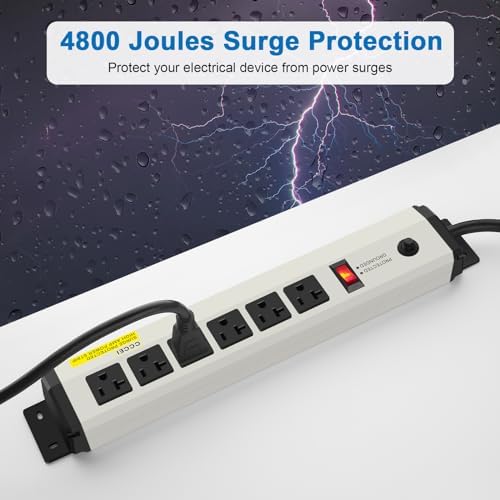 CCCEI 12 Gauge Heavy Duty 20 Amp Power Strip Surge Protector with 6 Outlets and 4800 Joules – Industrial Metal Power Strip with 6 FT Extension Cord for Garage and Workshop Use – Reliable Surge Protection for High-Demand Appliances and Tools