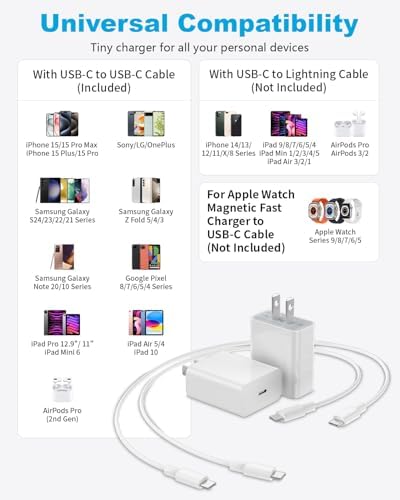 Ultimate 20 W PD USB-C Charger Duo with 6.6 ft Type C Cables – Fast Charging for i Phone 16/15, Galaxy S24/S25, Pixel 8/9 & More – Compact Design with Advanced Safety Features for Maximum Device Compatibility & Efficiency