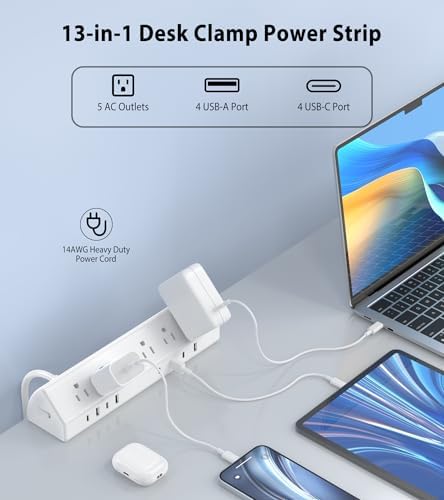 Maximize Efficiency with the 45 W Desk Clamp Charging Station – 4 PD USB-C Ports & 5 AC Outlets, ETL Listed Surge Protector for Ultimate Device Protection, 14 AWG Heavy-Duty Cord, Secure Fit for 1.9″ Tabletops (Black, 6 FT Cable) – Your All-in-One Power Solution for Home and Office