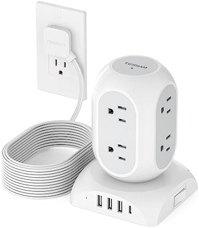 TESSAN Surge Protector Power Strip Tower with 10 Ft Flat Plug Extension Cord – 8 AC Outlets & 4 High-Speed USB Ports (1 USB-C) – 1050 Joules Protection – Ideal Charging Station for Home, Office, and Dorm Room Use – Maximize Safety and Organization
