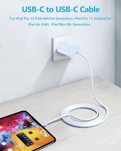 20 W USB-C Fast Charger for i Pad Pro, Air & Mini – Ultimate PD Wall Charger with 6.6 ft USB-C to C Cable for Rapid Charging Across All Generations, Compact Design for On-the-Go Power Solutions, Enhanced Safety Features to Prevent Overheating