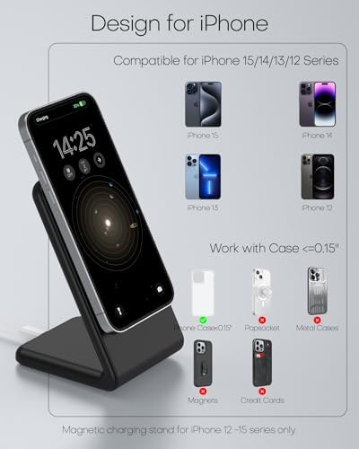 Mag-Safe Wireless Charging Stand for i Phone 16 – Fast Charging with 20 W Adapter & 5 Ft Cable, Magnetic Alignment for i Phone 15/14/13/12 – Sleek Black Design for Effortless Charging and Enhanced Compatibility