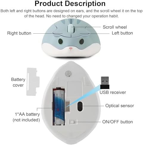 Adorable CHUYI Hamster Wireless Silent Mouse – 1200 DPI Lightweight Cordless Computer Mouse for Kids, Perfect Gift for Home, School & Travel – Fun & Functional Design in Light Blue