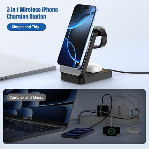 Versatile 3-in-1 Foldable Wireless Charging Station for Apple Devices – Magnetic Mag Safe Stand for i Phone 16/15/14/13/12/11 Pro Max, Apple Watch Series, and Air Pods – Portable Fast Travel Charger with Enhanced Stability and Safety Features