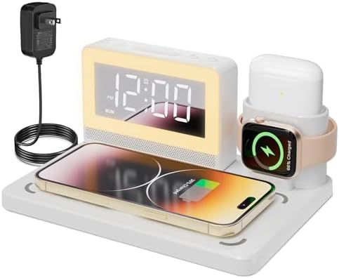 Multifunctional 7-in-1 Wireless Charging Station with Alarm Clock – Fast Charging Dock for i Phone, Apple Watch, and Samsung Galaxy Devices – Sleek Design with LED Display and Anti-Slip Features for Effortless Nighttime Use – Ideal Multi-Device Solution for Modern Homes