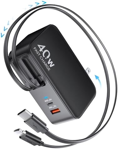 Ultimate 4-in-1 Retractable Wall Charger with Dual USB Ports – Fast 40 W Charging Adapter with 35.5 in/90 cm Lightening and Type-C Cables – Perfect for i Phone 16/15/14/13/12/11, i Pad, Galaxy, and Pixel Devices – Compact, Foldable Design for Effortless Travel and Enhanced Device Compatibility