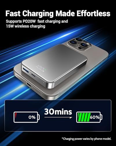 26800 m Ah Magnetic Power Bank – Premium Aluminum Alloy Portable Charger with 20 W USB-C Fast Charging for i Phone 12-16 Series, Sleek Silvery Gray, Effortless Wireless Charging for On-the-Go Power Solutions