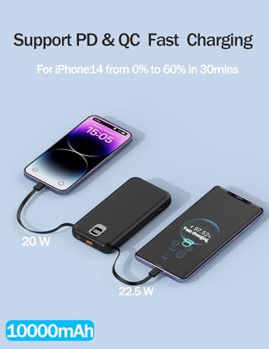 Ultra-Compact 10,000 m Ah Portable Charger with Integrated Cables & AC Plug – Fast Charging Power Bank for i Phone, Samsung, and Android Devices – QC 22.5 W & PD 20 W Travel Essential with Sleek Design for Maximum Convenience and Reliability