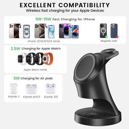 All-in-One Mag Safe Wireless Charging Station for Apple Devices – Fast 3-in-1 Charger Dock for i Phone 16/15/14/13/12 Pro/Max/Plus/Mini, Air Pods 2/3/Pro, and Apple Watch Series Ultra/8/7/SE/6/5/4/3/2 – Sleek, Space-Saving Design with Advanced Safety Features