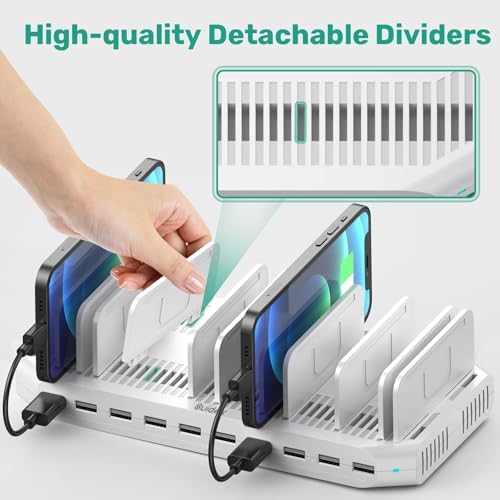 Ultimate 10-Port USB Charging Station with QC3.0 – 60 W Multi Charger Hub for Tablets & Smartphones, Customizable Dividers for Organized Power Management, Fast Charging Technology for Home & Office Use