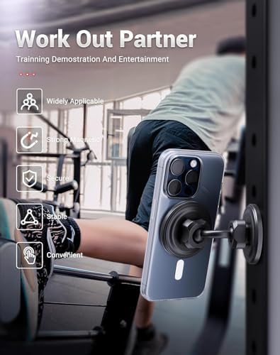 Magnetic Gym Phone Holder for Mag Safe – Ultimate Hands-Free Workout Accessory with Dual Ball Head for Optimal Viewing – Securely Supports i Phone 12 to 16 Pro Max & All Smartphones – Elevate Your Fitness Routine with Seamless Connectivity and Stability
