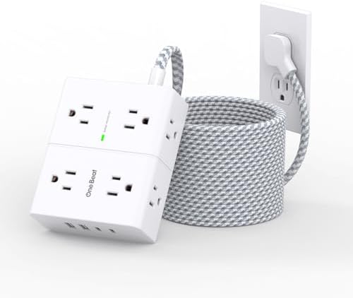 Versatile Surge Protector Power Strip with 8 AC Outlets & 4 USB Ports (2 USB-C), 6 Ft Flat Plug Extension Cord, 1080 Joules Safety Rating, Wall Mountable Charging Station for Home, Office, and Dorm – Streamlined Device Management & Fast Charging Enhanced