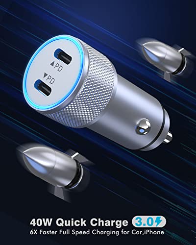 Effortless Power on the Go: 40 W Dual USB-C Fast Car Charger for i Phone with 2 Lightning Cables – Rapid Charging for i Phone 14/13/12/11 Pro Max and i Pads, Enhanced Compatibility, and Built-in Safety Features for Ultimate Device Protection