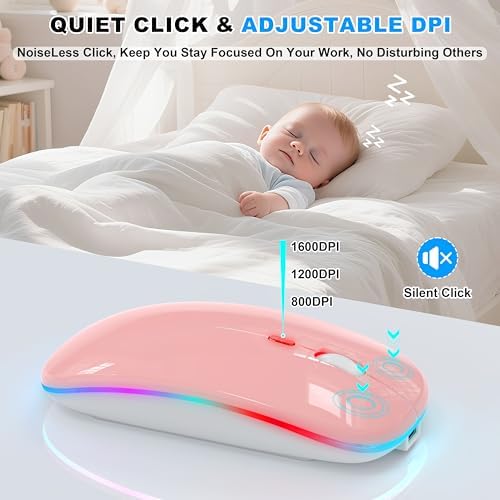 Sleek LED Bluetooth Wireless Mouse for Mac & PC – Rechargeable, RGB Light-Up Design with Dual Connectivity (BT5.2 + 2.4 G USB) – Slim, Portable Mouse with Jiggler Function for Work & Play – Enhanced Performance & Style in White