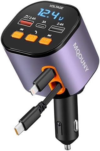 Ultimate 5-in-1 Fast Car Charger with Bluetooth 5.3 FM Transmitter – 90 W Retractable Charging Hub for i Phone 15/14/13 – Hands-Free Calling and Dual USB Ports for Seamless Connectivity and Quick Charging – Compact Black Design for Enhanced In-Car Experience