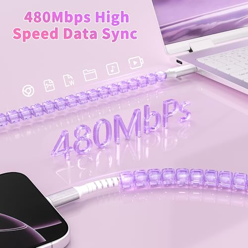 Stylish MFi Certified USB C to i Phone Charger Cable – 3 FT Square Beaded Purple Design for Rapid 66 W Fast Charging & High-Speed Data Sync – Compatible with i Phone 14, 13, 12, 11 Plus, Pro Max & i Pad 9 th/8 th – Durable, Elegant, and Efficient Charging Solution