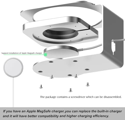 Aluminium Alloy Desk Stand with Integrated Wireless Charger for Mac Mini M4/M4 Pro – Optimized for Mobile Phones and Headphones with Enhanced Heat Dissipation and Space-Saving Design, USB-C Compatible, Customizable with Apple Mag Safe Charger, Anti-Slip Silicone Pad for Stability and Scratch Prevention