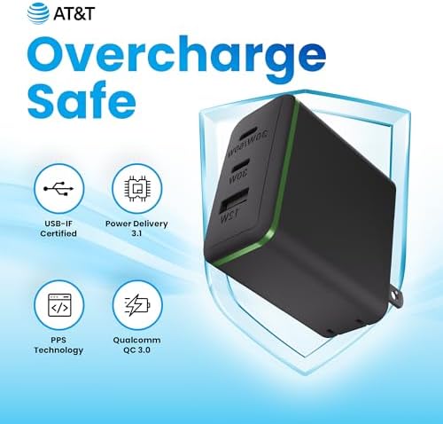 AT&T 40 W USB-C Fast Charging Wall Adapter – Ultimate Travel Companion with Foldable Prongs for i Phone, i Pad, Samsung Galaxy, Google Pixel & More – Universal Compatibility for Rapid Power Delivery Anytime, Anywhere