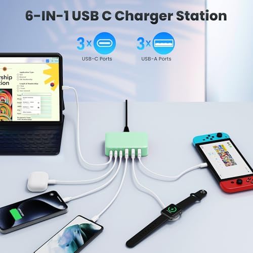 108 W Pink Ga N III USB C Charging Hub – 6-Port Fast Charger for i Phone 15 Pro, Samsung & More – Quick Charge & Power Delivery Compatible – Stylish Multi-Device Power Station with Intelligent Safety Features – Ideal for Home, Office & Travel Use