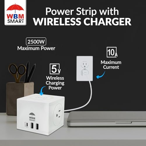 Versatile Power Strip with Wireless Charging – 2 AC Outlets, 2 USB Ports & 1 Type-C Port, 5.9 ft Cord, 5 W Fast Wireless Charger for Efficient Device Power Management & Surge Protection