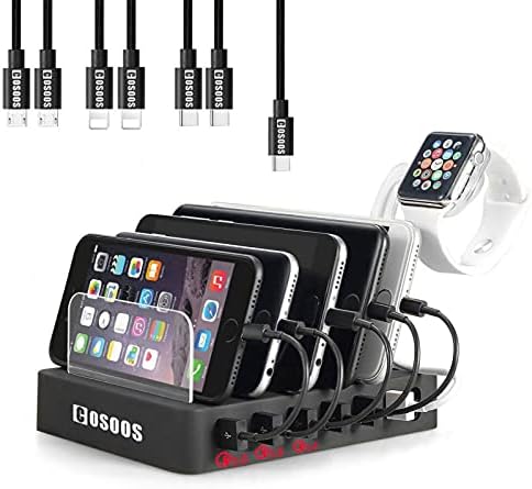 COSOOS 75 W Ultra-Fast Multi-Device Charging Hub with 3 Quick Charge 3.0 Ports, 7 Versatile Cables, i Watch Stand, and 6 USB Ports – Unmatched Speed and Compatibility for Smartphones, Tablets, and Smartwatches