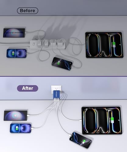 40 W USB C Multi-Device Fast Charger – 4-Port Power Adapter for i Phone & Samsung – Sleek Black Compact Travel Charger with Dual PD & QC Technology for Efficient Home and On-the-Go Charging Solutions – Perfect for Busy Professionals and Families