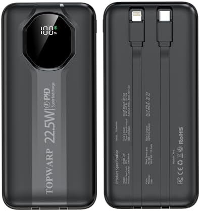 High-Capacity 20000 m Ah Portable Power Bank with Dual Output Cables – PD 22.5 W & QC3.0 Fast Charging for i Phone & Android Devices – Multi-Device Charger in Sleek Black Design for Ultimate Portability and Enhanced Compatibility