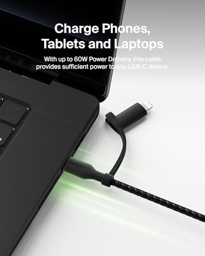Belkin Boost Charge 2-in-1 Braided USB-C & Lightning Charging Cable (1.5 M) – Fast Multi-Device Charging Solution for i Phone, i Pad, Mac Book, Galaxy, and Nintendo Switch – Durable & Stylish Design with Enhanced Compatibility