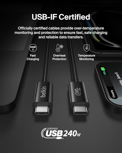 Belkin USB C to USB C Cable 2-Pack – 6.6 ft High-Speed Charging Solution for i Phone 16, Galaxy S25, Mac Book, and More – Durable Braided Design with 240 W Power Delivery for Ultimate Performance – Flexible and Stylish Charging Cords for Home, Office, and Travel