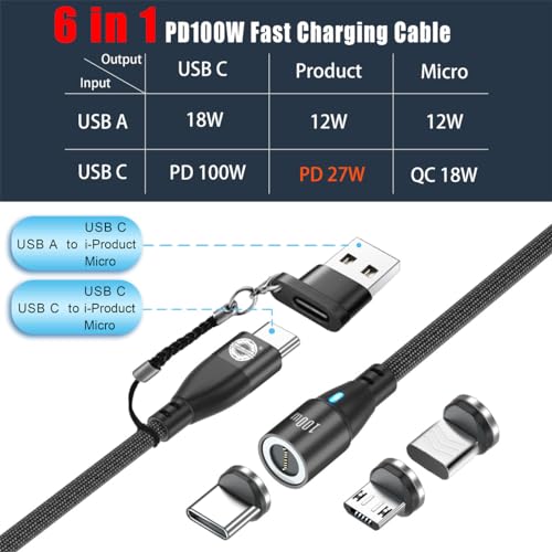 Revolutionary 3-in-1 Magnetic Charging Cable – Fast Charge 2 Pack (6 FT) with PD100 W Technology for Ultimate Device Compatibility – Durable Nylon Braided USB-C & Micro USB Charger for Android, i Pad Pro, and Mac Book Pro (Sleek Black Design) – Effortless Magnetic Connection for Enhanced Charging Speed and Port Protection