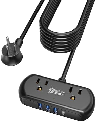 Compact USB Charging Station Power Strip – SUPERDANNY Mini Surge Protector with 2 Extra Wide Outlets, 4 USB Ports (3 USB-A & 1 USB-C), 5 Ft Cord, Flat Plug Design for Space-Saving Convenience, Ideal for Home, Office, and Travel Use – Enhanced Power Efficiency and Safety Features