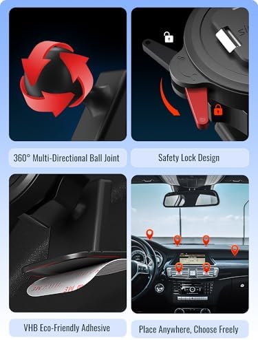 sincetop Car Phone Mount with Instant Quick Release Series Q[Quad] – 360° Adjustable Dashboard Phone Holder, One-Second Detach, Compatible with iPhone/Samsung – Enhanced Compatibility and Speed